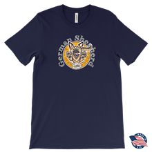 Load image into Gallery viewer, the front view of a navy blue Canvas Mens T-Shirt featuring the original OMG You're HOME! German Shepherd design on the front. Made in the USA