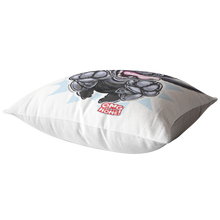 Load image into Gallery viewer, top view of a soft decorative pillow featuring an excited Black Labrador Retriever from OMG You'e Home