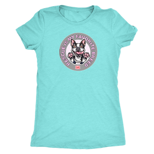 A vintage teal triblend shirt for women featuring the OMG You're Home! Boston Terrier dog design with "Rescue is my favorite breed"