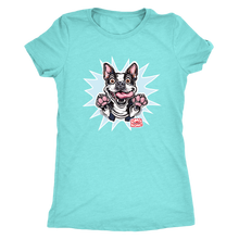 Load image into Gallery viewer, a turquoise Next Level Womens Triblend featuring the OMG You're Home Boston Terrier dog design in full color on the front.