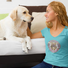 Load image into Gallery viewer, A woman smiling at her yellow lab dog