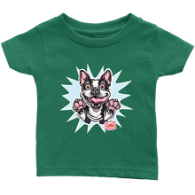 Load image into Gallery viewer, front view of a toddler's green OMG You're Home t-shirt with the Boston Terrier dog design  in full color