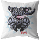 Front view of a soft, white decorative pillow featuring an excited Black Labrador Retriever from OMG You'e Home