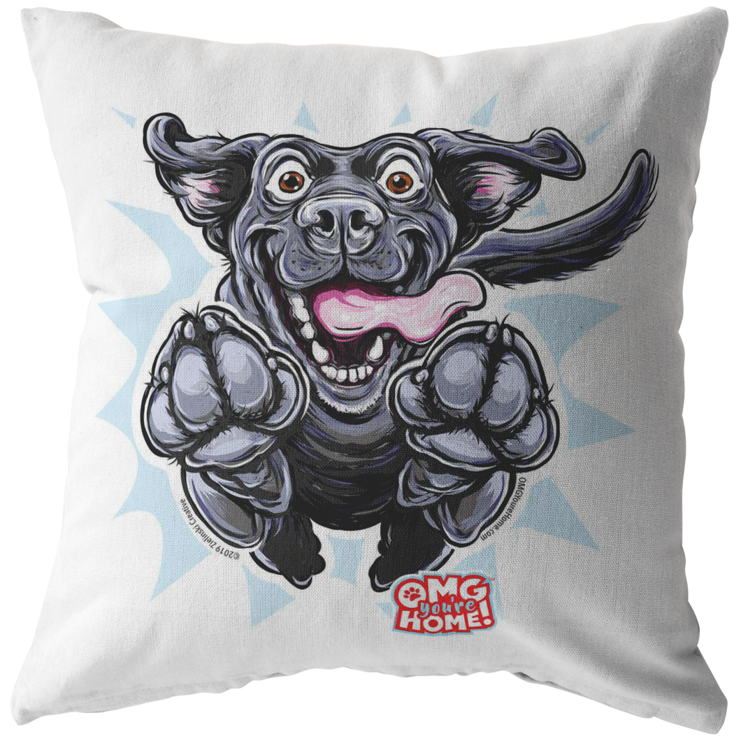 Front view of a soft, white decorative pillow featuring an excited Black Labrador Retriever from OMG You'e Home