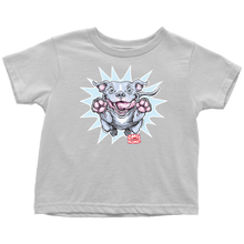 Load image into Gallery viewer, a toddler's white t-shirt with the Blue Nose Pit Bull design by OMG You're Home on the front in full vibrant color
