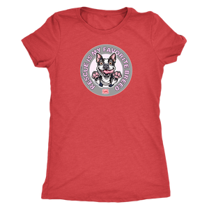 A vintage red triblend shirt for women featuring the OMG You're Home! Boston Terrier dog design with "Rescue is my favorite breed"