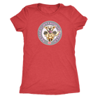 a women's red t-shirt featuring the original Golden Retriever dog artwork by OMG You're Home! This collection is dedicated to those of us who love and support rescues.