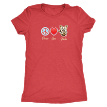 Load image into Gallery viewer, red  Next Level Triblend Shirt featuring the Peace Love Yorkie dog design from OMG You're HOME!