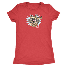 Load image into Gallery viewer, a red Next Level Womens Triblend shirt featuring the OMG You're Home German Shepherd dog design on the front in full color.