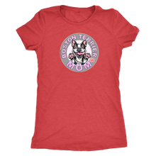 Load image into Gallery viewer, a woman's red shirt with the Boston Terrier dog Mom design on the front on pink letters