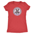 a woman's red shirt with the Boston Terrier dog Mom design on the front on pink letters