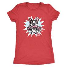 Load image into Gallery viewer, a red Next Level Womens Triblend featuring the OMG You're Home Boston Terrier dog design in full color on the front.