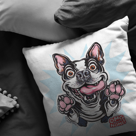 a soft pillow with the OMG Boston Terrier printed on the front