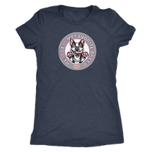 Load image into Gallery viewer, A vintage blue triblend shirt for women featuring the OMG You&#39;re Home! Boston Terrier dog design with &quot;Rescue is my favorite breed&quot;