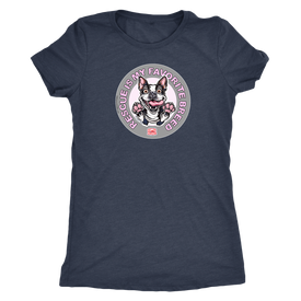 A vintage blue triblend shirt for women featuring the OMG You're Home! Boston Terrier dog design with