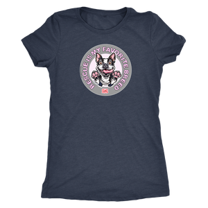 A vintage blue triblend shirt for women featuring the OMG You're Home! Boston Terrier dog design with "Rescue is my favorite breed"