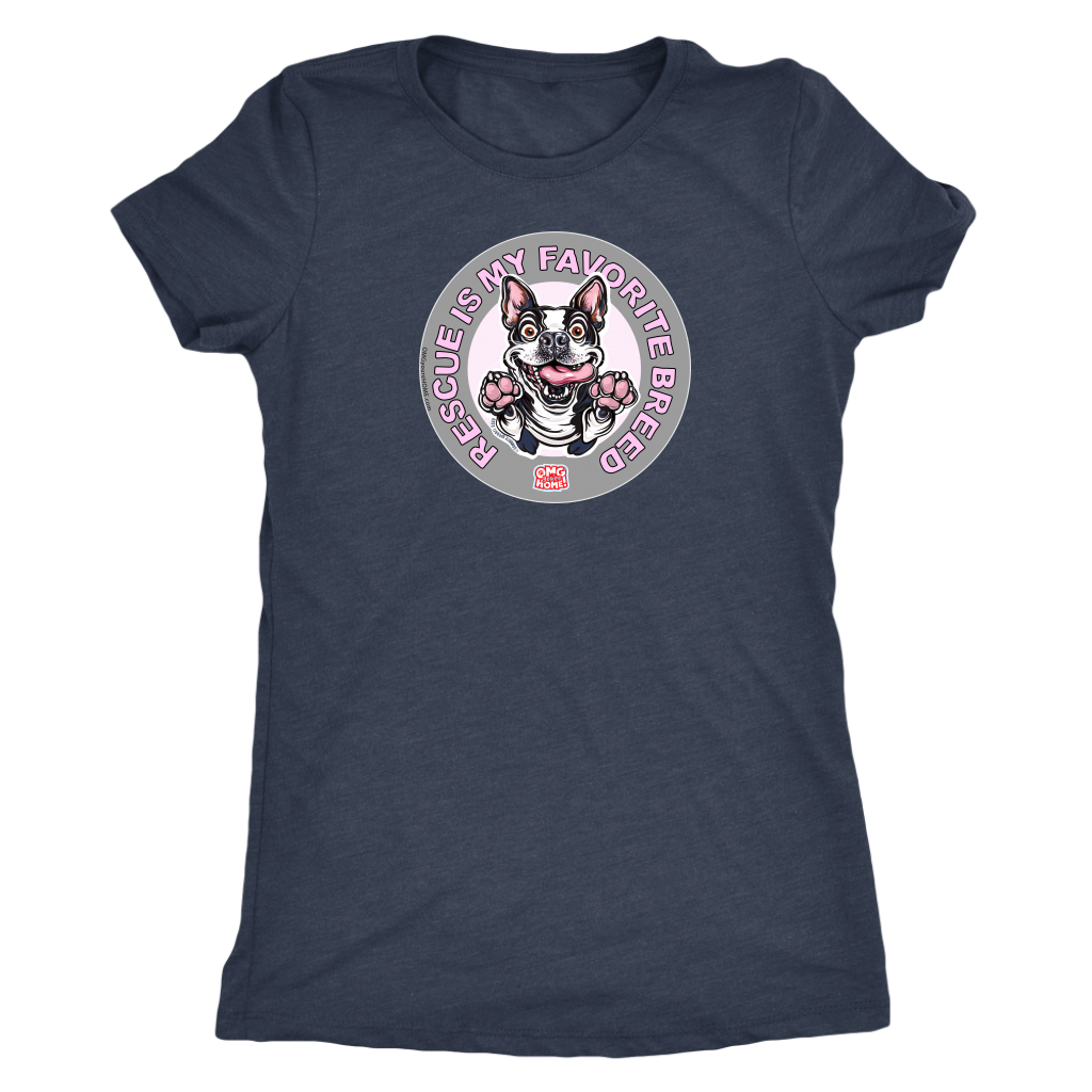 A vintage blue triblend shirt for women featuring the OMG You're Home! Boston Terrier dog design with 