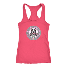 Load image into Gallery viewer, A bright pink Next Level Racerback Tank featuring the OMG You're Home! Boston Terrier design with "Rescue is my favorite breed"