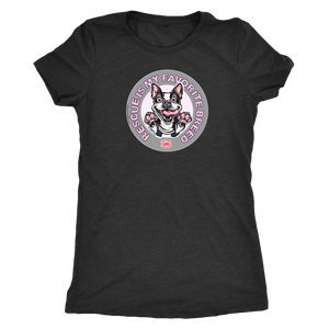 A black triblend shirt for women featuring the OMG You're Home! Boston Terrier dog design with "Rescue is my favorite breed"