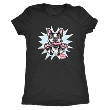 Load image into Gallery viewer, a black Next Level Womens Triblend featuring the OMG You're Home Boston Terrier dog design in full color on the front.