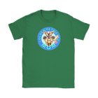 a women's green tshirt featuring the OMG You're Home! Golden Retriever dog artwork on the front