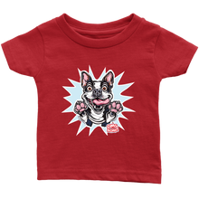 Load image into Gallery viewer, front view of a toddler's red OMG You're Home t-shirt with the Boston Terrier dog design  in full color