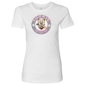 a womans white tshirt with a yorkie dog drawing on the front