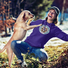 Load image into Gallery viewer, A woman playing with her dog wearing a purple hoodie featuring original Red Nose Pitbull rescue artwork by OMG You're HOME!