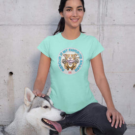 a woman sitting with her dog wearing a teal shirt with the original Red Nose Pitbull artwork by OMG You're HOME! Part of the Rescue collection