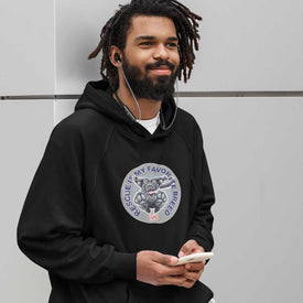 man wearing a black hoodie with the black labrador retriever desgin