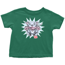 Load image into Gallery viewer, a toddler's green t-shirt with the Blue Nose Pit Bull design by OMG You're Home on the front in full vibrant color
