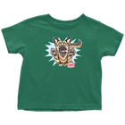 front view of a green toddler t-shirt featuring the OMG You're Home German Shepherd dog design