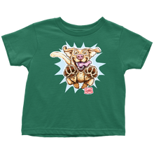 Load image into Gallery viewer, a green OMG You're Home toddler t-shirt featuring the original Yellow Labrador Retriever dog design on the front in full color