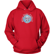 Load image into Gallery viewer, the front view of a bright red unisex Hoodie featuring the OMG You're Home Blue Nose Pitbull dog design in full color.
