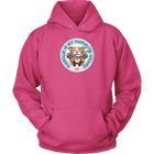 front view of a pink hoodie featuring original Red Nose Pitbull rescue artwork by OMG You're HOME!