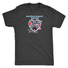 a dark grey t-shirt with the Emotional Support Human design with the OMG excited black labrador retriever