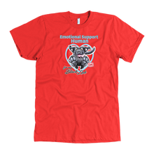 Load image into Gallery viewer, a  bright red OMG You're Home t-shirt featuring the Emotional Support Human for my Black Labrador Retriever design on the front in full color