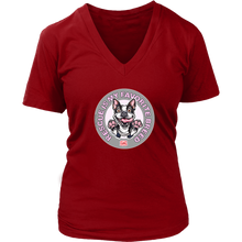 Load image into Gallery viewer, a women&#39;s red v-neck shirt featuring the OMG You&#39;re Home Boston Terrier dog design with Rescue is my favorite breed in pink letters