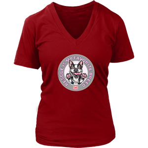 a women's red v-neck shirt featuring the OMG You're Home Boston Terrier dog design with Rescue is my favorite breed in pink letters