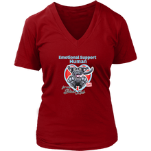Load image into Gallery viewer, a womens red v-neck by District featuring the OMG You're Home! Black Labrador Retriever dog design on the front.