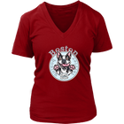 a red v neck tee with the OMG Boston Terrier dog design on the front