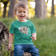 Load image into Gallery viewer, smiling toddler outdoors wearing a green t-shirt featuring the OMG You're Home German Shepherd dog design on the front