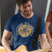 Load image into Gallery viewer, a man playing the guitar wearing a Canvas Mens T-Shirt featuring the original OMG You&#39;re HOME! German Shepherd design on the front.  