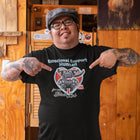 man pointing to his black OMG You're Home t-shirt featuring the Emotional Support Human for my Black Lab design on the front in full color