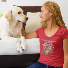 Load image into Gallery viewer, Bella Womens red V-Neck. This comfortable shirt features the OMG You're Home German Shepherd dog design with the text "Emotional Support Human".
