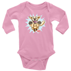 A pink long-sleeve onesie featuring the original happy and excited Golden Retriever on the front