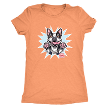 Load image into Gallery viewer, a light orange Next Level Womens Triblend featuring the OMG You're Home Boston Terrier dog design in full color on the front.