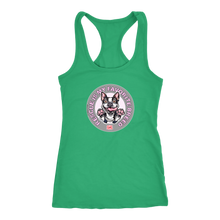 Load image into Gallery viewer, A green Next Level Racerback Tank featuring the OMG You're Home! Boston Terrier design with "Rescue is my favorite breed"