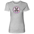 a heather grey shirt with the OMG You're Home! Boston Terrier dog Mom design on the front in pink letters
