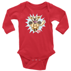 A red long-sleeve onesie featuring the original happy and excited Golden Retriever on the front